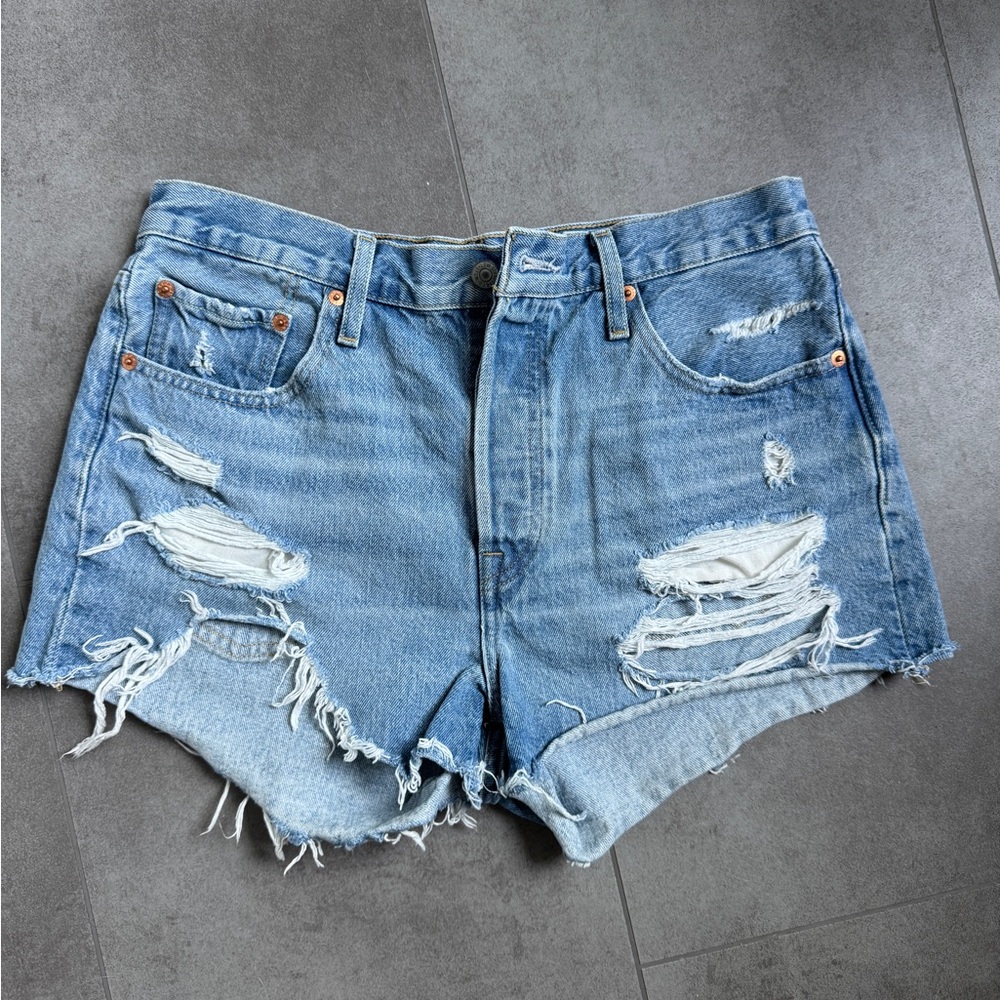 Levi's Blue High-Waisted Distressed Jean Shorts